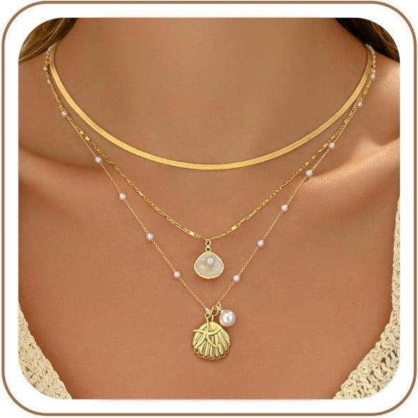Women's Chic Minimalist Copper Three Piece Necklace Set With Starfish Shell And Pearl Pendant Electroplated Regular Chain Jewelry