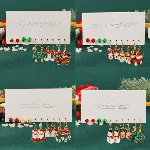 Women’s Christmas Alloy Drop Earrings Set With Santa Claus Christmas Tree Gift Box Elk And Other Festive Motifs Electroplated Design
