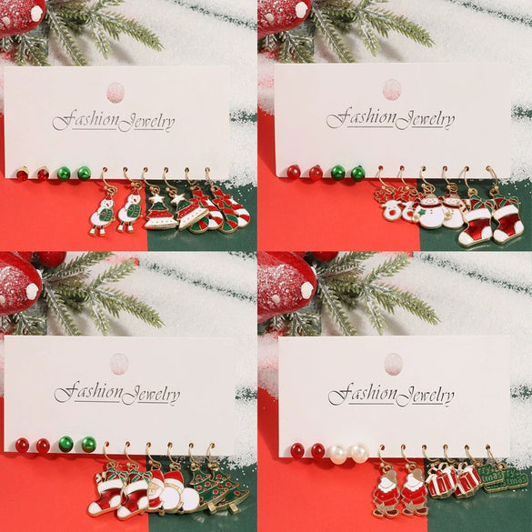 Women’s Christmas Alloy Drop Earrings Set With Santa Claus Christmas Tree Gift Box Elk And Other Festive Motifs Electroplated Design