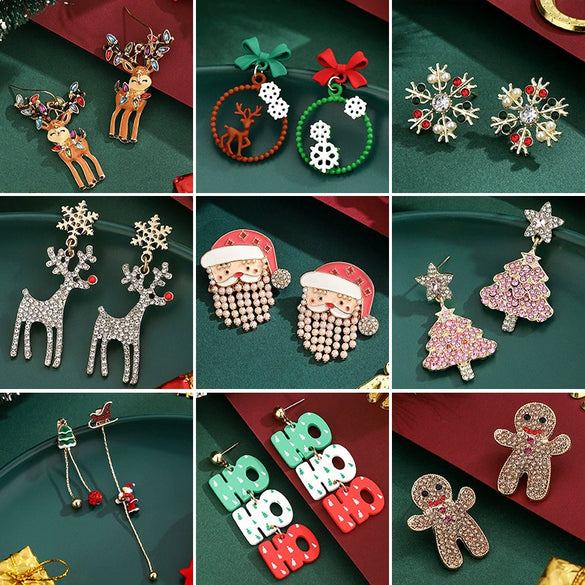 Women's Christmas Alloy Drop Earrings With Zircon Accents And Electroplated Holiday Hat Tree Elk And Gingerbread Man Designs