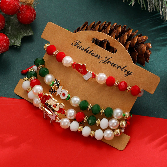 Women's Christmas Beaded Stack Bracelet With Dripping Oil Snowflake Santa Bell Elk And Christmas Tree Charms