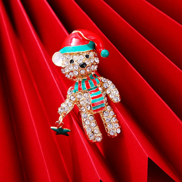 Women's Christmas Bear Brooch Alloy Cartoon Animal Diamonddecorated Decorative Jewelry Gift