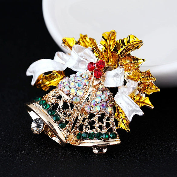 Women's Christmas Bell Brooch Pin With Alloy Setting And Artificial Gemstone Embellishment Decorative Corsage Accessory