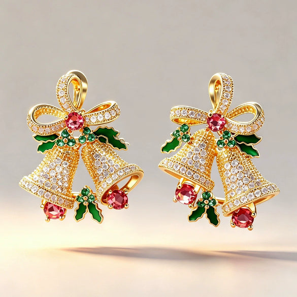 Women's Christmas Bell Earrings With Ribbon Bow And Star Design Copper With Sparkling Synthetic Cubic Zirconia Inlay