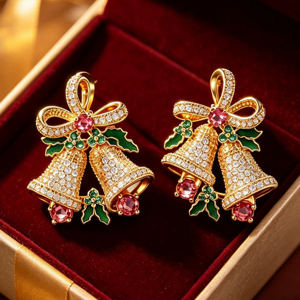 Women's Christmas Bell Earrings With Ribbon Bow And Star Design Copper With Sparkling Synthetic Cubic Zirconia Inlay