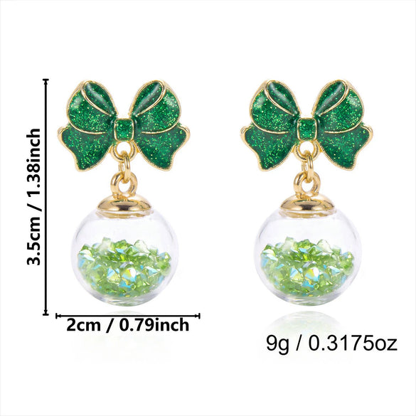 Women's Christmas Bow And Snowflake Bell Dangle Earrings With Transparent Quicksand Ball Design Alloy Electroplated Holiday Jewelry