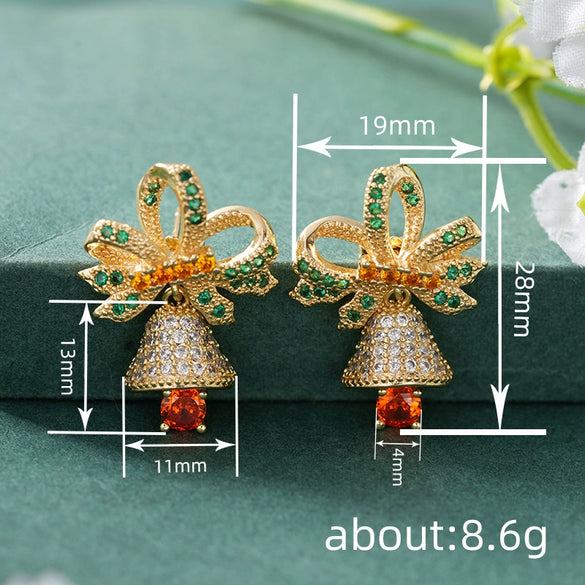 Women's Christmas Bow Earrings With Sparkling Synthetic 3D Zirconia Movable Festive Copper Jewelry