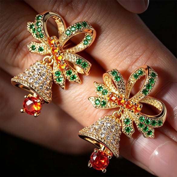 Women's Christmas Bow Earrings With Sparkling Synthetic 3D Zirconia Movable Festive Copper Jewelry