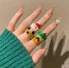 Women's Christmas Cartoon Resin Ring With Tree And Elk Motifs Geometric Dripping Oil Finish