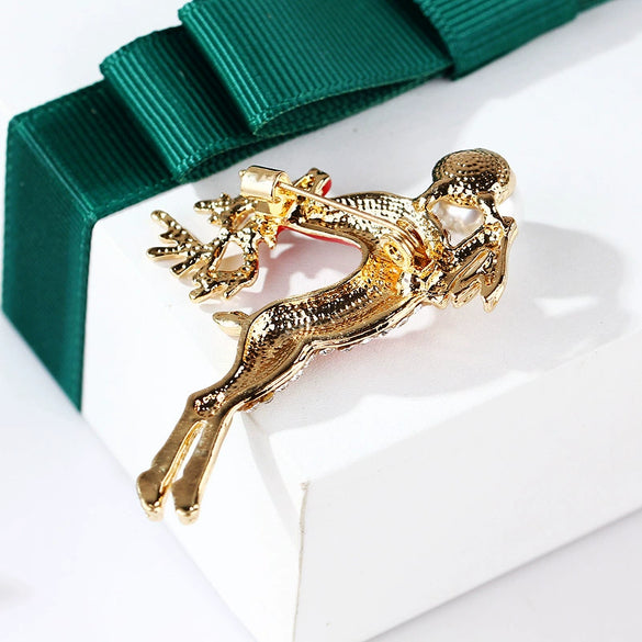 Women's Christmas Deer Brooch Pin With Enamel Rhinestones And Pearl Accents Electroplated Alloy Jewelry