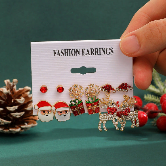 Women's Christmas Earrings Set With Santa Claus Snowflake Christmas Tree And Elk Designs Rhinestone Geometric Zinc Alloy Earrings