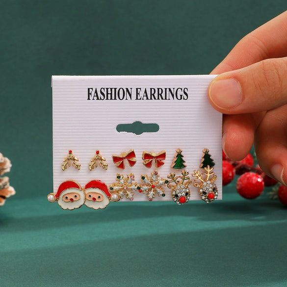 Women's Christmas Earrings Set With Santa Claus Snowflake Christmas Tree And Elk Designs Rhinestone Geometric Zinc Alloy Earrings