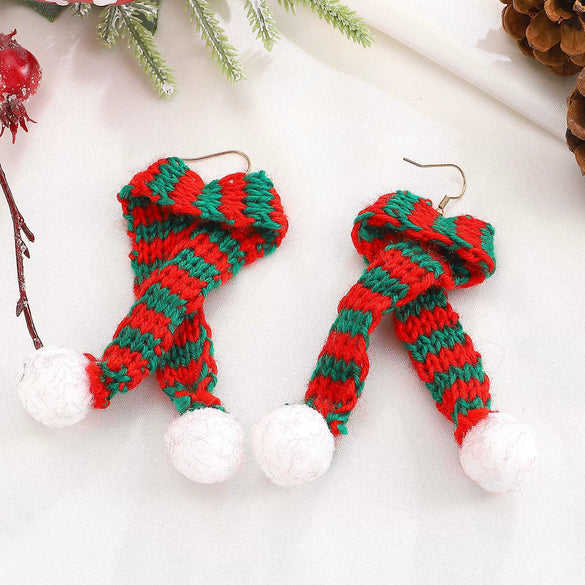 Women's Christmas Earrings With Mini Knitted Hat And Scarf Charms Geometric Festive Fabric Design Handknitted Holiday Jewelry
