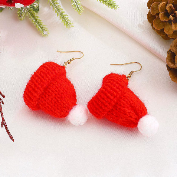 Women's Christmas Earrings With Mini Knitted Hat And Scarf Charms Geometric Festive Fabric Design Handknitted Holiday Jewelry
