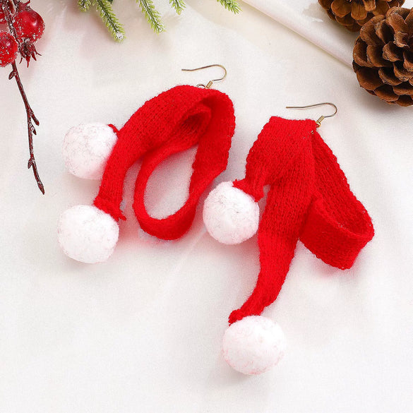 Women's Christmas Earrings With Mini Knitted Hat And Scarf Charms Geometric Festive Fabric Design Handknitted Holiday Jewelry
