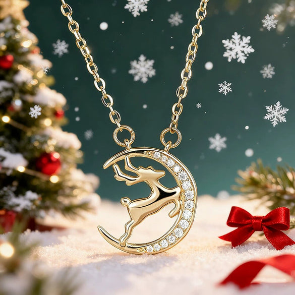 Women's Christmas Elk And Moon Pendant Necklace With Copper And Zircon Inlay Geometric Animal Design Olink Chain