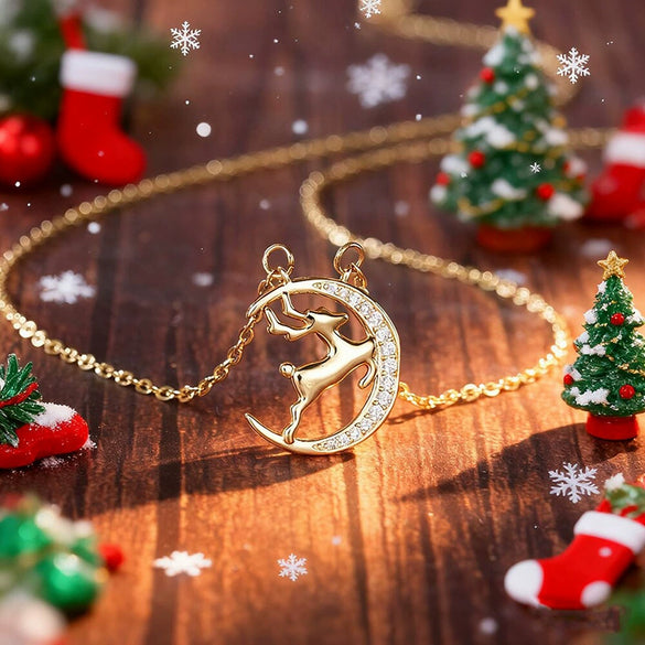 Women's Christmas Elk And Moon Pendant Necklace With Copper And Zircon Inlay Geometric Animal Design Olink Chain