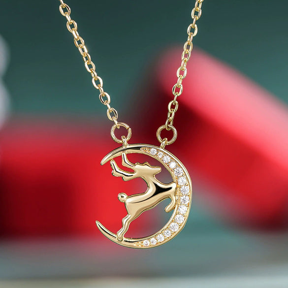 Women's Christmas Elk And Moon Pendant Necklace With Copper And Zircon Inlay Geometric Animal Design Olink Chain