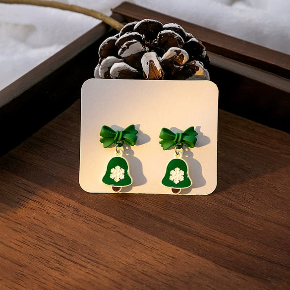 Women’s Christmas Elk Bell Bow And Snowflake Earrings Electroplated Alloy Jewelry With Stainless Steel Ear Needles