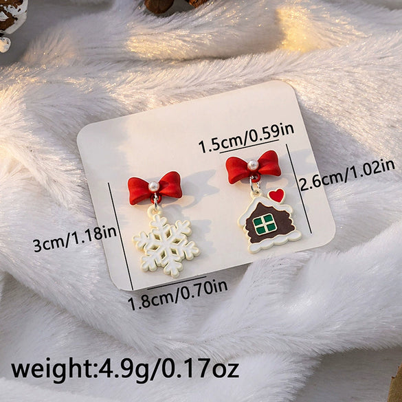 Women’s Christmas Elk Bell Bow And Snowflake Earrings Electroplated Alloy Jewelry With Stainless Steel Ear Needles