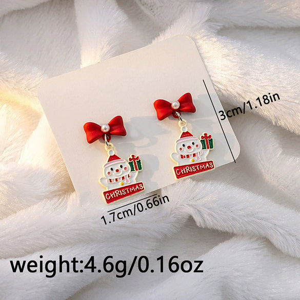 Women’s Christmas Elk Bell Bow And Snowflake Earrings Electroplated Alloy Jewelry With Stainless Steel Ear Needles
