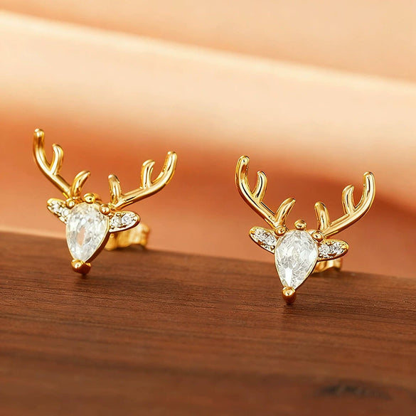 Women's Christmas Elk Drop Earrings With Antler Design Copper Construction And Microencrusted Zircon Detailing