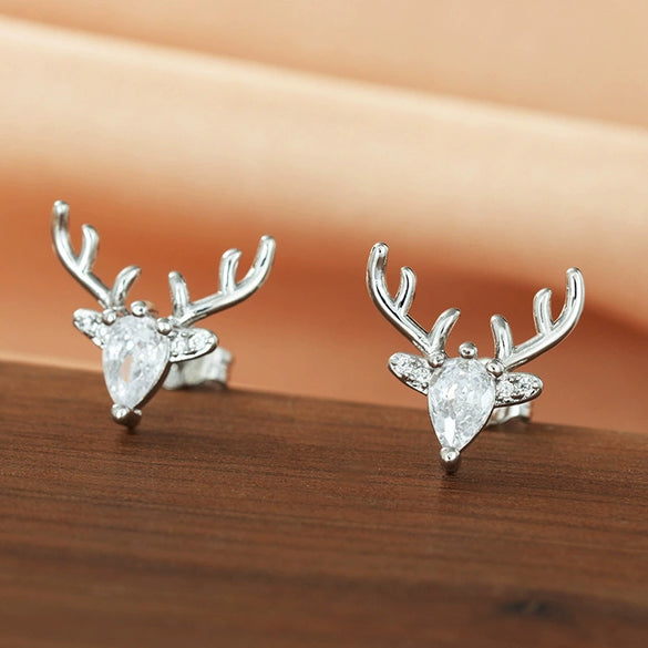 Women's Christmas Elk Drop Earrings With Antler Design Copper Construction And Microencrusted Zircon Detailing