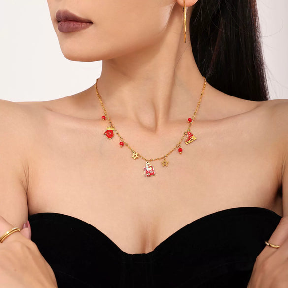 Women's Christmas Enamel Glaze Pendant Necklace And Bracelet Set Goldplated Stainless Steel Light Luxury Jewelry