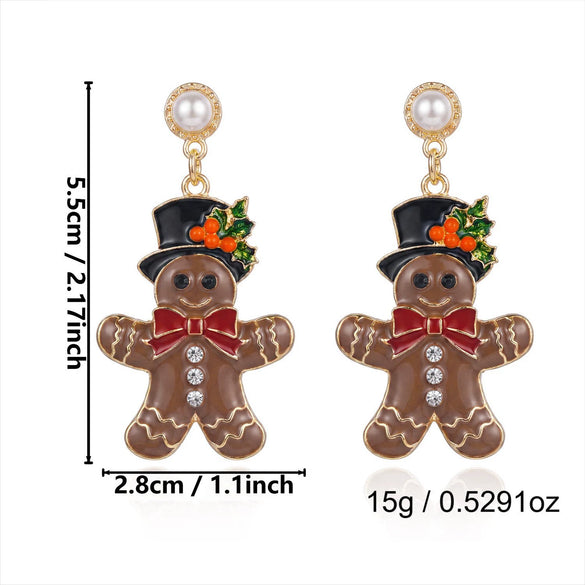 Women's Christmas Gingerbread Man Drop Earrings With Top Hat Design Cute Electroplated Alloy Pendant And Stainless Steel Ear Needles