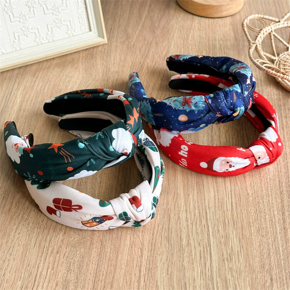 Women's Christmas Headband Handmade With Imitation Pearls Printed Santa Claus And Christmas Tree Knot Design Minimalist Style