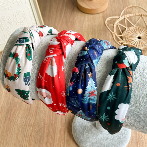 Women's Christmas Headband Handmade With Imitation Pearls Printed Santa Claus And Christmas Tree Knot Design Minimalist Style