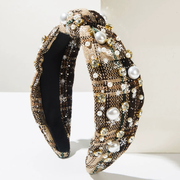 Women's Christmas Headband Imitation Pearls Diamond Knotted Plaid Snowflake Style