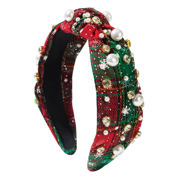Women's Christmas Headband Imitation Pearls Diamond Knotted Plaid Snowflake Style
