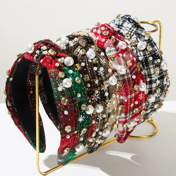 Women's Christmas Headband Imitation Pearls Diamond Knotted Plaid Snowflake Style