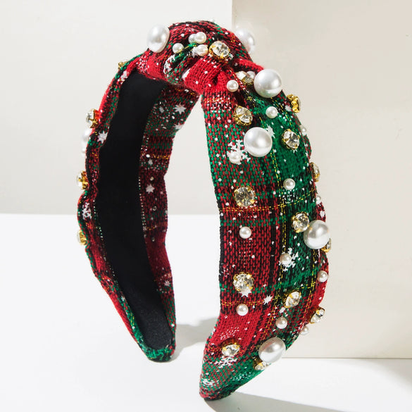 Women's Christmas Headband Imitation Pearls Diamond Knotted Plaid Snowflake Style