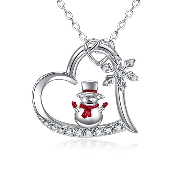 Women's Christmas Heart Snowflake Snowman Pendant Necklace With Copper Zirconia Inlay And Ochain Festive Jewelry