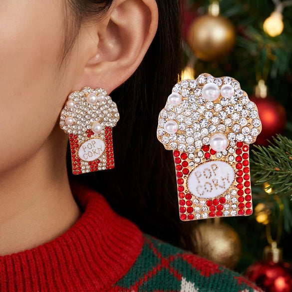 Women's Christmas Popcorn Light Bulb Drop Earrings With Red And Green Rhinestone Accents And Dripfinish Alloy Design
