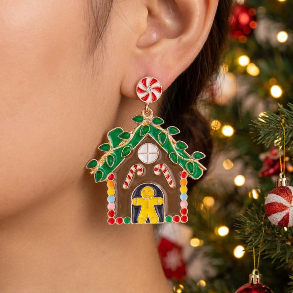 Women's Christmas Popcorn Light Bulb Drop Earrings With Red And Green Rhinestone Accents And Dripfinish Alloy Design