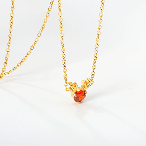 Women's Christmas Red Diamond Elk Pendant Necklace Electroplated Stainless Steel With A Round Geometric Design