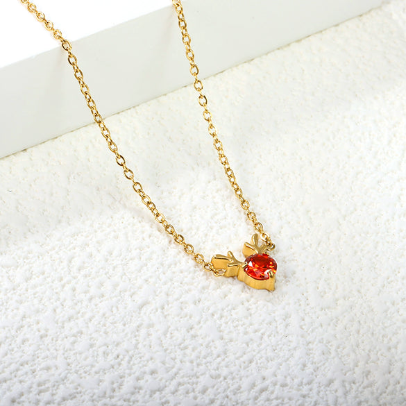 Women's Christmas Red Diamond Elk Pendant Necklace Electroplated Stainless Steel With A Round Geometric Design