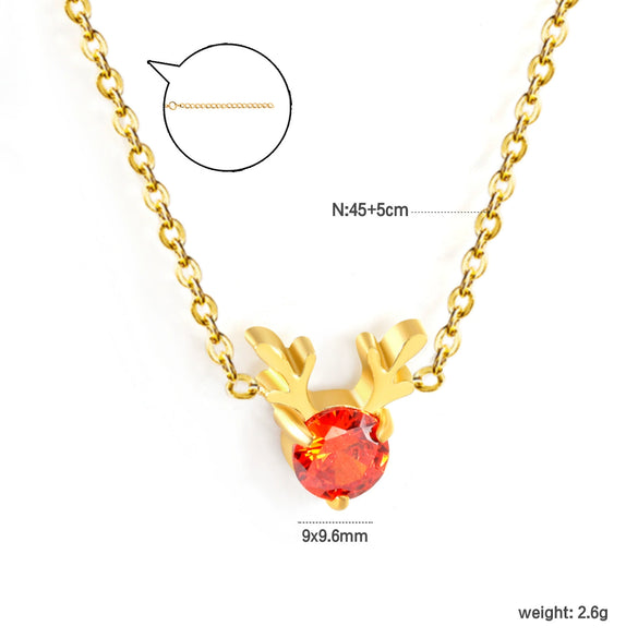 Women's Christmas Red Diamond Elk Pendant Necklace Electroplated Stainless Steel With A Round Geometric Design