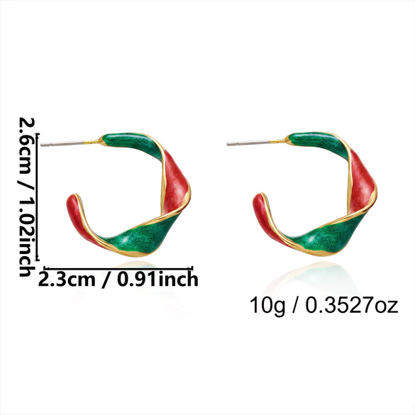 Women's Christmas Red Green And White Electroplated Alloy Twisted Spiral Cshaped Earrings For Festive Party Wear