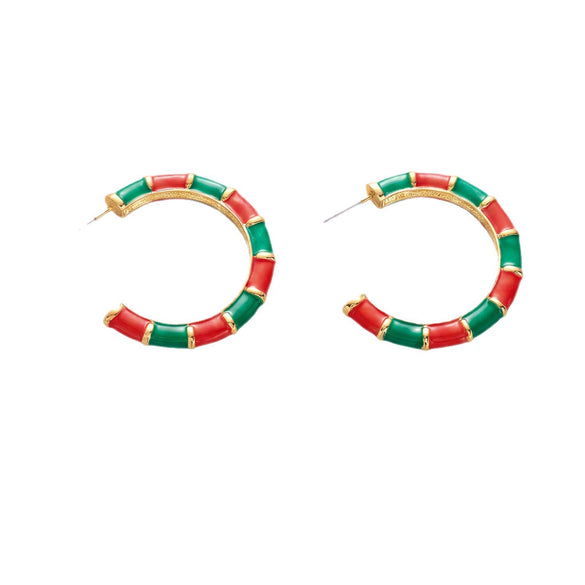 Women's Christmas Red Green And White Electroplated Alloy Twisted Spiral Cshaped Earrings For Festive Party Wear