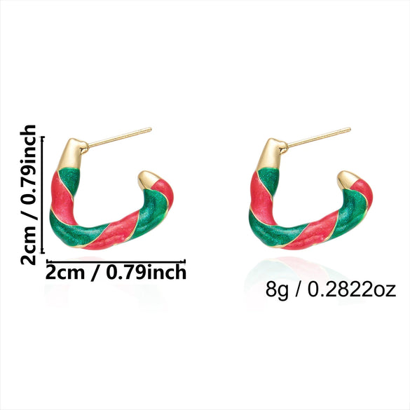 Women's Christmas Red Green And White Electroplated Alloy Twisted Spiral Cshaped Earrings For Festive Party Wear