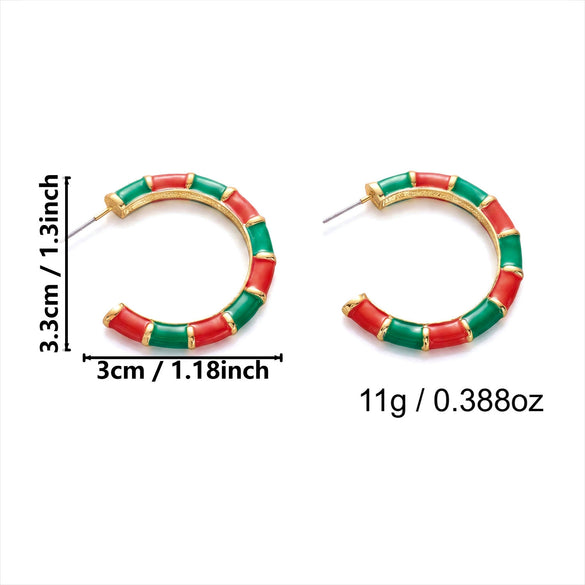 Women's Christmas Red Green And White Electroplated Alloy Twisted Spiral Cshaped Earrings For Festive Party Wear