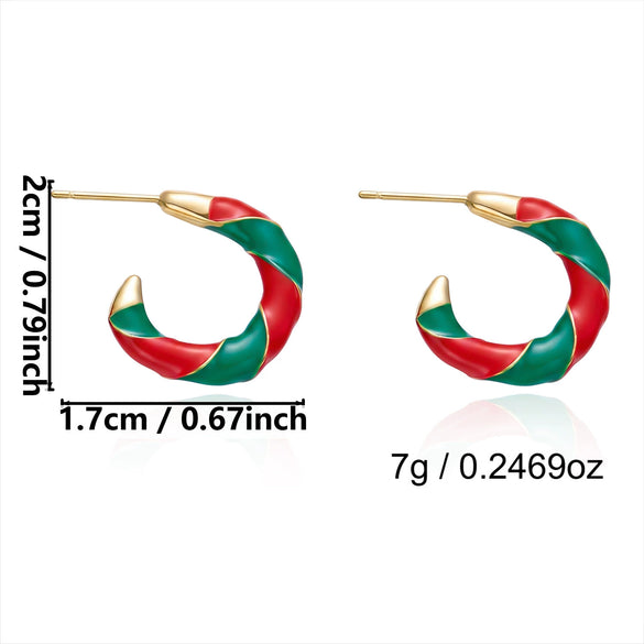 Women's Christmas Red Green And White Electroplated Alloy Twisted Spiral Cshaped Earrings For Festive Party Wear