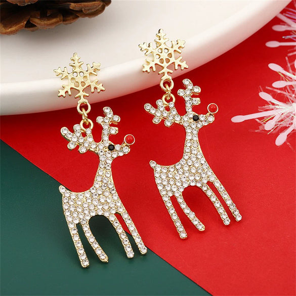 Women's Christmas Rhinestone Snowflake Elk Drop Earrings Electroplated Cartoon Animal Jewelry Wholesale