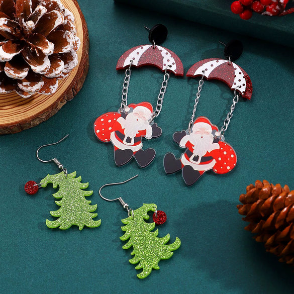 Women's Christmas Santa Claus Acrylic Earrings With Engraved Star Geometric Design Festive Statement Jewelry