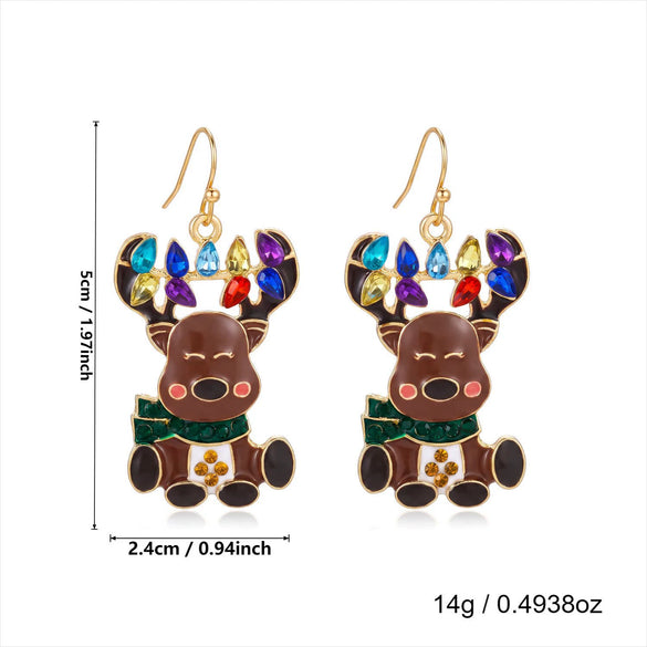 Women's Christmas Santa Claus And Elk Drop Earrings Exaggerated Colorful Rhinestone Alloy Electroplated Ear Hooks