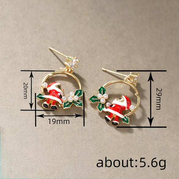 Women's Christmas Santa Claus Wreath Earrings With Leaf And Pearl Details Copper Electroplated Festive Jewelry